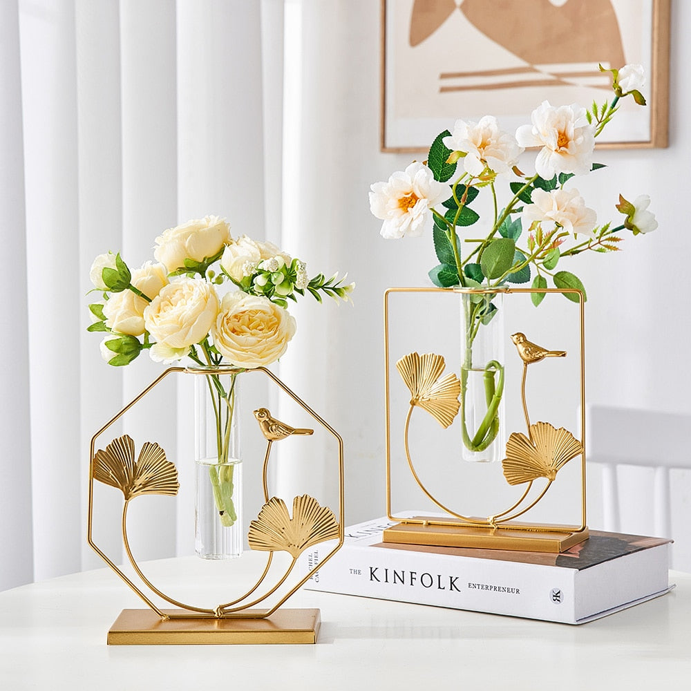 Nordic Style Elegant Golden Flower Hydroponic Glass Vase