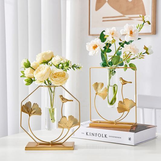 Nordic Style Elegant Golden Flower Hydroponic Glass Vase