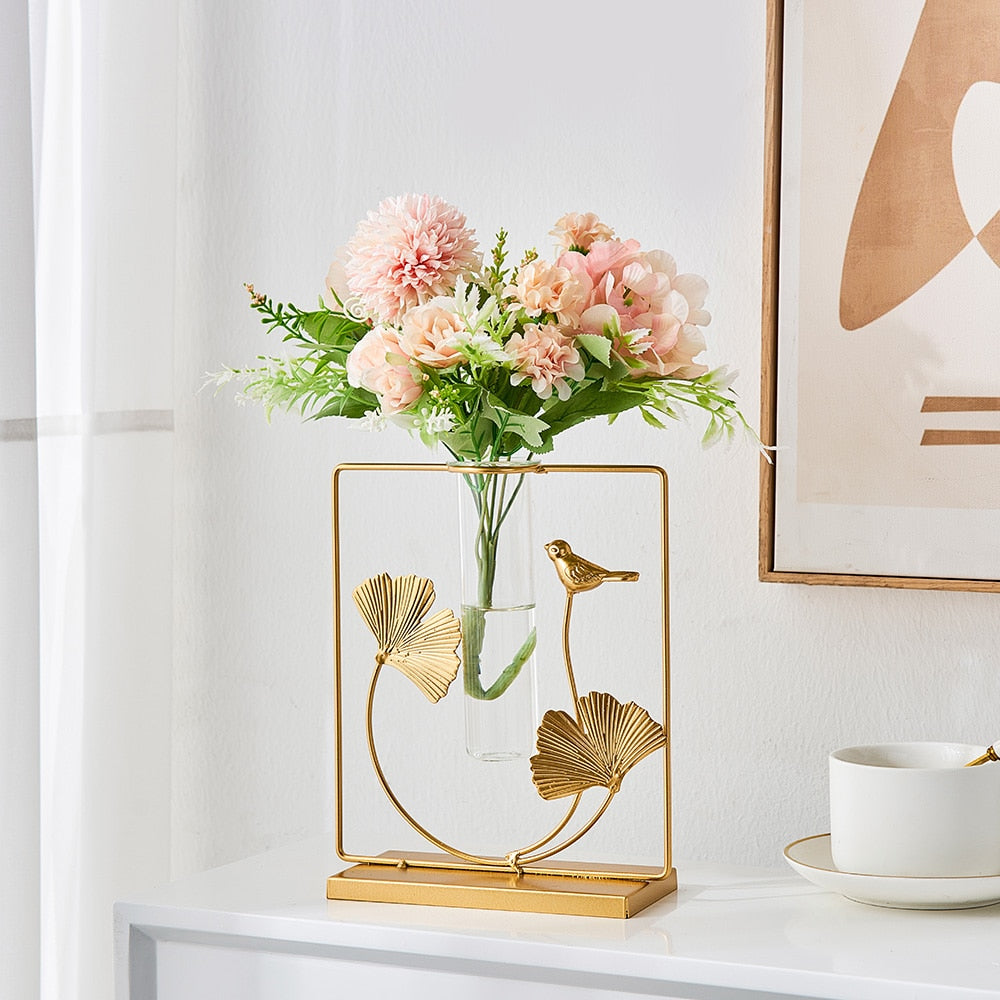 Nordic Style Elegant Golden Flower Hydroponic Glass Vase