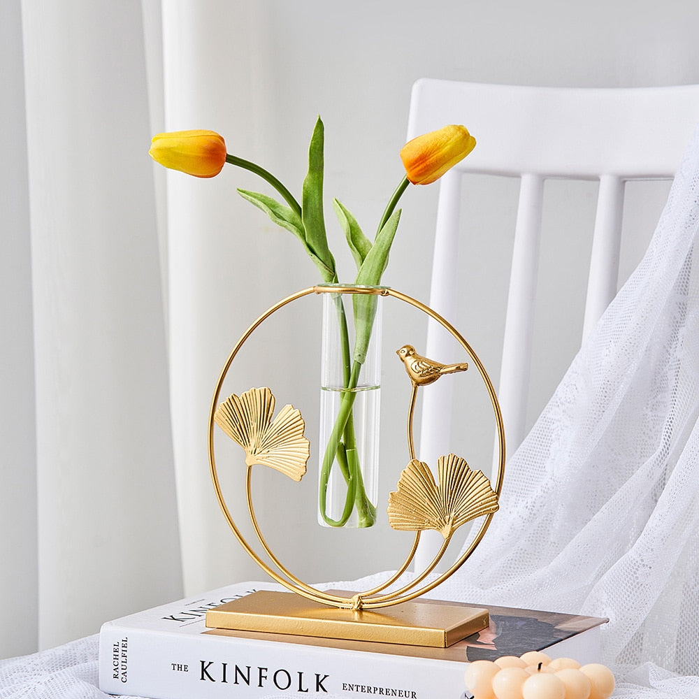 Nordic Style Elegant Golden Flower Hydroponic Glass Vase